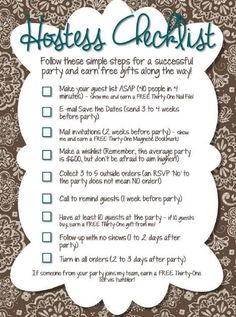 a sign that says hostess checklist with the words, follow these steps for a successful party and earn free gifts along the way