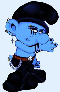 an image of a blue cartoon character sitting on the ground with his hands in his pockets