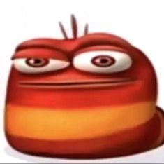 a red and yellow striped cartoon character with big eyes looking at the camera while standing in front of a white background