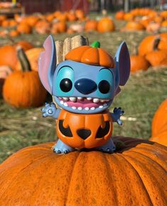 a small figurine sitting on top of a pumpkin in the middle of a field