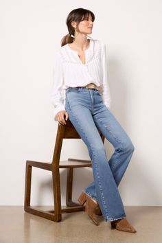 Jude Top Sleeves Style, Button Front Top, Lace Inset, Long Puff Sleeves, Flared Jeans, Puff Sleeves, Flare Jeans, Puff Sleeve, My Style