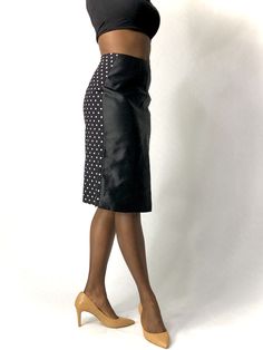 One of one sample, Hand made in New York Pencil skirt, fully lined, center back zipper. Size Small: Dress Size 4-6 Fabric: Fully lined, Black cotton with polka dot, Black twill satin Care: dry clean or hand wash, medium heat dryer or hang dry, medium heat iron, no bleach Elegant Fitted Polka Dot Bottoms, Elegant Fitted Polka Dot Skirt, Relaxed Knee-length Polka Dot Skirt, Chic Fitted Black Pencil Skirt, Chic Black Fitted Pencil Skirt, Chic Black Knee-length Pencil Skirt, Elegant Polka Dot Bottoms For Workwear, Chic Fitted Polka Dot Skirt, Elegant Polka Dot Bottoms For Work