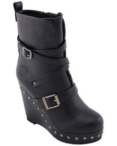 Milwaukee Leather Womens Triple Strap Wedge Boots - Round Toe, Black Boots With Platform, Leather Fingerless Gloves, Black Wedge Boots, Strap Boots, Womens Cowgirl Boots, Handcrafted Boots, Platform Heels Boots, Leather Biker Boots, Platform Wedge Heels