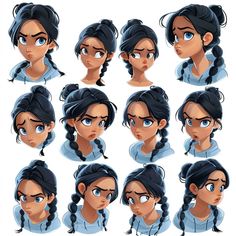 an animation character's head with various expressions and hair styles, including the eyes