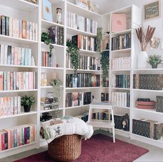 a bookshelf filled with lots of books next to a purple rug and table