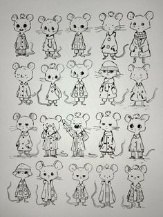 a bunch of mouses that are drawn in black and white ink on a piece of paper