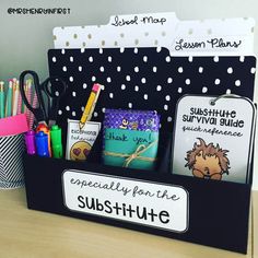 the sub station kit is organized and ready to be used as a teacher's desk organizer