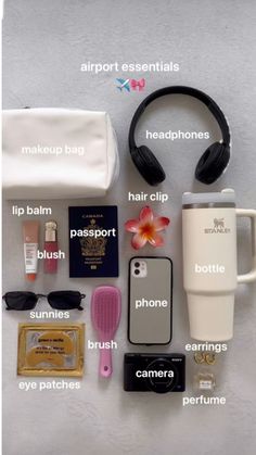 the contents of a travel bag laid out on top of a white surface with text above it