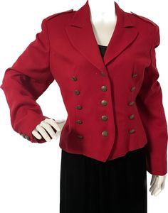 This is a wool jacket from Neiman Marcus exclusive, made in the USA.  The double breasted jacket has three rows of buttons down the front, also three buttons on each cuff and one on each epaulette. The jacket is fully lined with red acetate and has shoulder pads.   A fun way to add a pop of color and interest to your denim or a LBD.  Size tag 10, check measurements carefully, no stretch.  Some verdigris on one of the sleeve buttons, otherwise no flaws noted.   Measurements taken with jacket layi Formal Double-breasted Cropped Jacket, Red Double-breasted Blazer For Formal Occasions, Formal Double-breasted Cropped Jacket With Buttons, Fitted Double-breasted Cropped Jacket With Buttons, Fitted Cropped Jacket With Double Button For Winter, Winter Double-breasted Cropped Jacket, Formal Double-breasted Cropped Winter Jacket, Formal Double-breasted Cropped Jacket For Winter, Classic Fitted Double-breasted Cropped Jacket