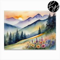 a painting of mountains and flowers with the sun setting in the sky behind them,