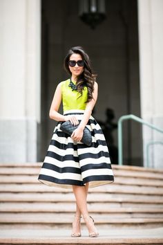 Black + white striped midi skirt with lime green sleeveless blouse Striped Skirt Outfit, Midi Outfits, Green Sleeveless Blouse, Trendy Skirts, Black And White Skirt, Skirt Midi, Karen Walker