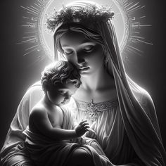 the virgin mary and child jesus in black and white