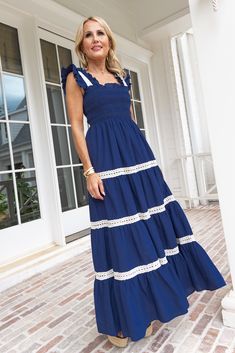 Lauren Dress- Navy Tiered Sundress With Lace Trim, Spring Tiered Dresses With Crochet Trim, Vacation Dress With Lace Trim And Tiered Skirt, Tiered Lace Trim Dress For Vacation, Patriotic Outfit, Family Photo Outfits, Favorite Dress, Feminine Style, Occasion Dresses