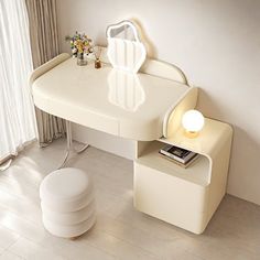 a white desk with a mirror and lamp on it next to a window in a room