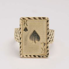 "King of Spades Playing Card Ring Solid 10K Yellow Gold All Sizes * Metal : Real 10K Yellow Gold (Properly Stamped, 10K) * Condition : Brand New * Finish : Polished * Average Weight : Size: 9.5: 5.50 grams * Size : Selectable * Width : 3/4\" to 5/8\" = 21mm to 15mm * Clasp/Bail : Can be resized down or up at your local jeweler. All of our items are brand new and are shipped with a gift box." Ace Of Cards, Aztec Statues, Card Ring, Gold Pendants For Men, Xoxo Jewelry, King Card, King Of Spades, Boots Outfit Men, King Ring