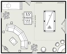 a drawing of a living room with couches, tables and foosballs