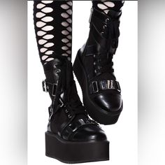 - Faux Leather [Forever]. - Side Zip. - Lace-Up Front + Buckles. Punk Synthetic Boots For Concerts, Synthetic Punk Platform Boots For Concerts, Alternative Synthetic Boots For Concerts, Alternative Style Synthetic Boots For Concerts, Alternative Style Synthetic Platform Boots For Concerts, Gothic Boots For Alternative Fashion, Alternative Style Synthetic Boots For Alternative Fashion, Edgy Synthetic Platform Boots, Edgy Fall Platform Boots For Concert