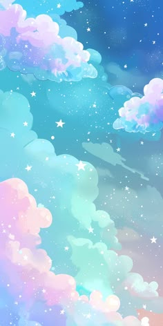 the sky with stars and clouds is painted in pastel blue, pink and green