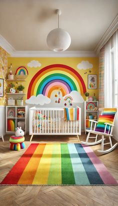 a child's room with a rainbow rug and rocking chair