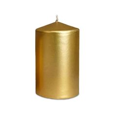 a gold colored candle on a white background