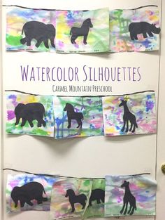 watercolor silhouettes are hanging on the wall in front of a door with animals painted on it