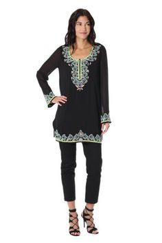 Walk out the door in beaded splendor with this beautiful tunic designed and crafted by India's Sandip Agarwal. The sheer black top is adorned with intricate hand beading along the neckline hem and sleeves. The blouse is lined its long sheer sleeves allow for ease of movement while the beadwork sparkles in the light. Embellished Georgette Tops For Eid, Eid Embellished Georgette Tops, Black Embellished Georgette Blouse, Festive Embellished Long Sleeve Tunic, Festive Long Sleeve Embellished Tunic, Black Embroidered Georgette Blouse, Long Sleeve Embellished Festive Tunic, Embellished Long Sleeve Georgette Kaftan, Embellished Black Bohemian Kaftan