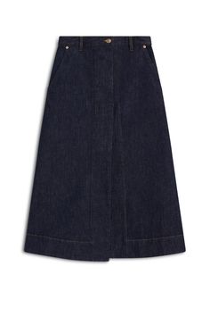 DENIM SKIRT - INDIGO - Scanlan Theodore Affordable Non-stretch Dark Wash Denim Skirt, Luxury Denim Skirt With Relaxed Fit, Luxury Classic Denim Skirt, Denim Snap Panel Skirt, Luxury Cotton Denim Blue Skirt, Luxury Cotton Denim Skirt For Workwear, Luxury Dark Wash Chic Skirt, Luxury Fitted Denim Skirt, Luxury Elegant Fitted Denim Skirt