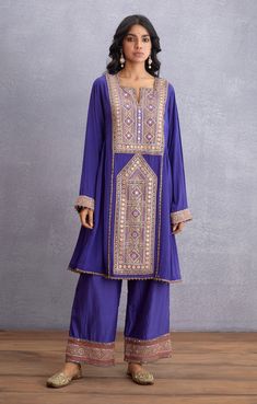 Torani-Purple Jamuni Ruhiya Kurta With Pants-INDIASPOPUP.COM Embroidery Embellishments, Silk Pant, Purple Fits, Notched Neckline, Embroidered Pants, Straight Kurta, Indian Textiles, Embroidered Neckline, Indian Fashion Designers