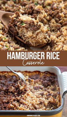 A scoop filled with hamburger rice casserole, and a fork fluffing the rice mixture in a large baking dish. Meals With Browned Hamburger, Stick Of Butter Rice With Ground Beef, Rice A Roni Hamburger Casserole, Ground Beef Brown Rice Recipes, Hamburger Brown Rice Recipes, Hamburger Helper Orientalist Rice, Rice Hamburger Hotdish, Ground Beef And Rice Recipes Easy Quick, Easy Casserole Recipes For Dinner 4 Ingredients Ground Beef