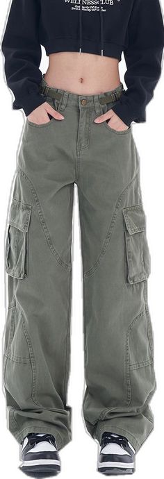 Spring Combat Cargo Pants, Khaki High-waisted Cargo Jeans, Khaki High-waisted Cotton Cargo Jeans, Military Style Cargo Jeans For Spring, Military Style Wide Leg Jeans With Pockets, Military Wide Leg Jeans With Pockets, Casual Olive Cotton Cargo Jeans, Olive Utility Cargo Jeans With Pockets, Olive Utility Cargo Jeans