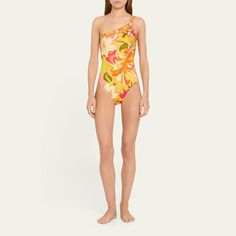 Camilla one-piece swimsuit in The Flower Child Society retro floral print with ring trim detail One-shoulder neckline Fixed shoulder strap Moderate seat coverage  Nylon/polyamide/elastane Lining: Nylon Hand wash, dry clean Imported Playful Fitted Swimwear With Floral Print, Camilla Swimsuit, Yellow Floral Print One-piece Swimwear, Pink Floral Print One-piece Swimwear, Pink Floral Print Beachwear One-piece, Trim Detail, Retro Floral, Flower Child, One Piece Swimsuit