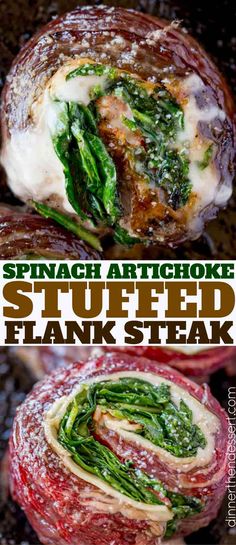 spinach artichoke stuffed flank steak is shown in three different views with text overlay