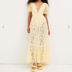 Brand New With Tags For Love And Lemons Bea Maxi Dress, Size Small Authentic And Nwt Absolutely Gorgeous On !! Chic Yellow Lace Dress, Yellow Lace Dress For Brunch, Spring Lace Maxi Dress For Date Night, Yellow Lace Midi Dress, Satin Panty, Ok Fine, Floral Applique Dress, Yellow Lace Dresses, Open Back Maxi Dress