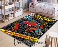 a bedroom with a spiderman rug on the floor