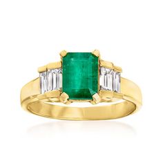 Ross-Simons - 1.60ct Emerald, .80ct t.w. Diamond Ring in 14kt Yellow Gold. Size 8. This ring can add a fresh perspective to any style! A 1.60 carat emerald radiates in a four-prong setting and is sided by .80 ct. t.w. baguette diamonds in channel settings. Crafted in polished 14kt yellow gold. 3/8" wide. Diamond and emerald ring. Emerald birthstones are the perfect gift for May birthdays. Unique Emerald Rings, May Birthdays, Diamond And Emerald Ring, Drip Drop, Emerald Cut Diamond Engagement Ring, Emerald Birthstone, Emerald Rings, Emerald And Diamond Ring, May Birthday