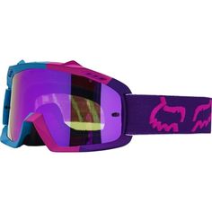 a pair of goggles with purple and blue frames on the top one has an orange fox logo