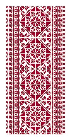 a red and white knitted pattern with geometric designs on it, in the shape of a