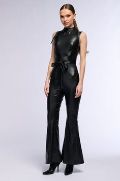 DANCE WITH ME BELL BOTTOM PU JUMPSUIT Full Length High Stretch Jumpsuit For Parties, High Stretch Full Length Jumpsuit For Party, Black Leather Bell Bottoms Outfit, Fitted Faux Leather Jumpsuits For Fall, Fitted Faux Leather Jumpsuits And Rompers For Fall, Faux Leather Jumpsuits And Rompers For Party, High Stretch Full-length Party Jumpsuit Or Romper, Fitted Faux Leather Jumpsuits And Rompers For Party, Leather Bell Bottom Pants