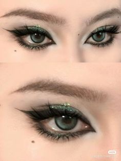 Brown Green Eyes Makeup, Brown Green Makeup, Brown And Green Eyeshadow, Makeup For Green Eyes And Brown Hair, Green Brown Makeup, Alt Prom Makeup, K Pop Makeup Looks, Goth Douyin Makeup, Makeup For Concert