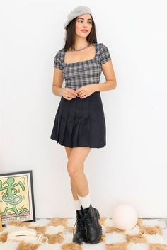 Cream & Black Plaid Short Sleeve Square Neck Fitted Bodysuit /3-2-1 Short Sleeve Bodysuit, Wardrobe Basics, Plaid Shorts, Black Plaid, Square Necklines, Square Neckline, Everyday Look, Square Neck, Short Sleeves