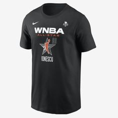 Rep your favorite all-star in this soft cotton Sabrina Ionescu tee. Nike Tops With Letter Print For Team Events, Nike Short Sleeve Tops For Team Events, Nike Casual Tops For Team Events, Casual Nike Top For Team Events, Nike Team Name Tops For Team Events, Nike Tops With Team Name For Team Events, Cotton Fan Apparel Tops For Team Events, Black Cotton Top With Star Logo, Sabrina Ionescu