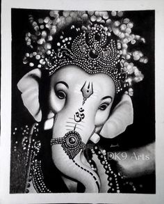 a black and white drawing of an elephant with jewels on its head, in front of a person's hand