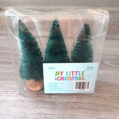 three small christmas trees in a plastic container