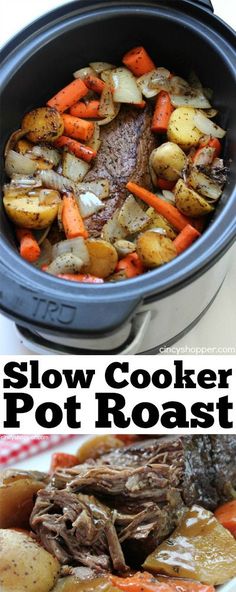 slow cooker pot roast with carrots, potatoes and meat in the crock pot