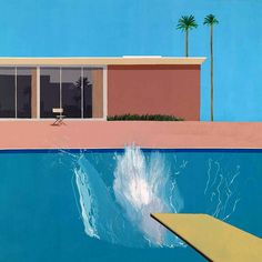 a painting of a swimming pool with a house and palm trees in the back ground