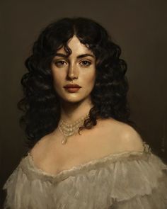 a painting of a woman with dark hair wearing a white dress and pearls on her necklace