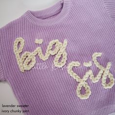 FULLY custom personalized hand embroidered sweaters. These NAME sweaters are great for any occasion, but they are perfect for birth announcements, milestone photos, family pictures, birthdays, and other family gatherings. They are also perfect for baby shower gifts, baby gifts, and toddler gifts.  The sweaters run from size 0-3 through 5t and are meant to be an OVERSIZED look. Turn around time will differ depending on the color & size of sweater.  Every sweater is hand embroidered and can vary from sweater to sweater depending on the size of sweater and length of name/word. Names that are 5 letters or less are best for our chunky yarn while names that have more than 5 letters typically look better with a more regular to thin size of yarn.  If you are UNSURE about which size of yarn you wan Word Names, Embroidered Sweaters, Milestone Photos, Milestone Pictures, Custom Sweaters, Matching Sweaters, Big Sis, Gifts Baby, Embroidered Sweater