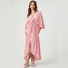 A Woven Maxi Dress Featuring A Plunging V-Neckline And Back, Back Self-Tie With Tassel Accents, Butterfly Sleeves, Flounce Trim, Button-Front Closures, And High-Low Hem. New Without Tags. All Tags Cut Out To Prevent Returns To The Company. Small Inventory #P1258 Medium Inventory #P1595 Spring V-neck Midi Dress With Buttons, V-neck Maxi Dress With Button Closure For Daywear, Flowy V-neck Maxi Dress With Buttons, V-neck Midi Dress With Button Closure For Vacation, V-neck Maxi Dress With Buttons For Daywear, Pink Buttoned Maxi Dress For Vacation, Bohemian V-neck Dress With Buttons, Pink Button-up Maxi Dress, V-neck Daywear Dresses With Button Closure