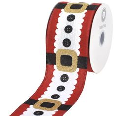 a red and white christmas ribbon with black dots on the side, featuring santa's belt