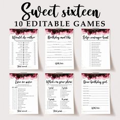 the sweet sixteen printable game is set up on top of each other, with pink flowers